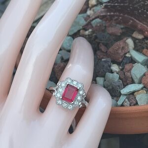 Emerald Cut 1.75 tcw Genuine Ruby & Diamond Ring Sterling Silver Size 7